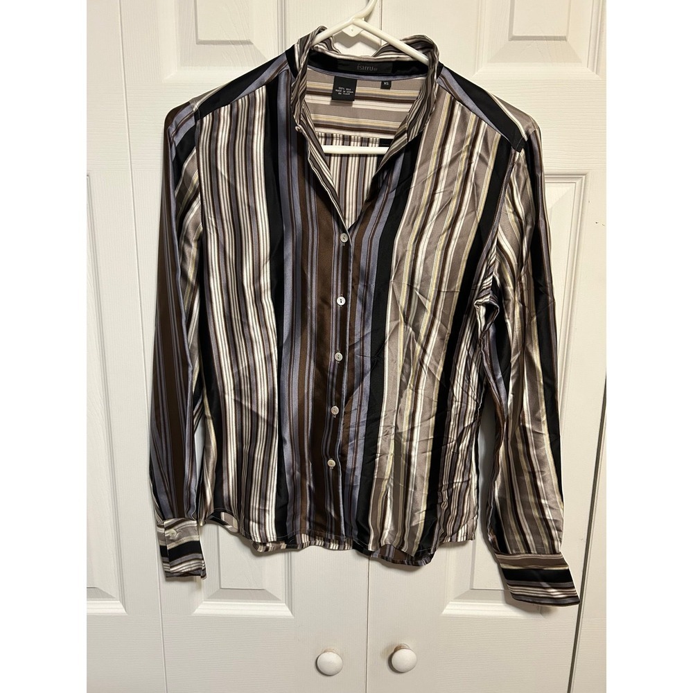 ISHYU Women's 100% Silk Blouse, Long Sleeve, Brown Cream Multi-Color Stripes, XS